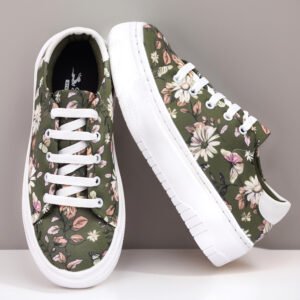 Olive Green Women Sneakers Floral Printed Casual washable Shoes by Sprique