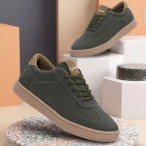 Men's Olive Green Casual Lace-Up Sneakers with Tan Sole