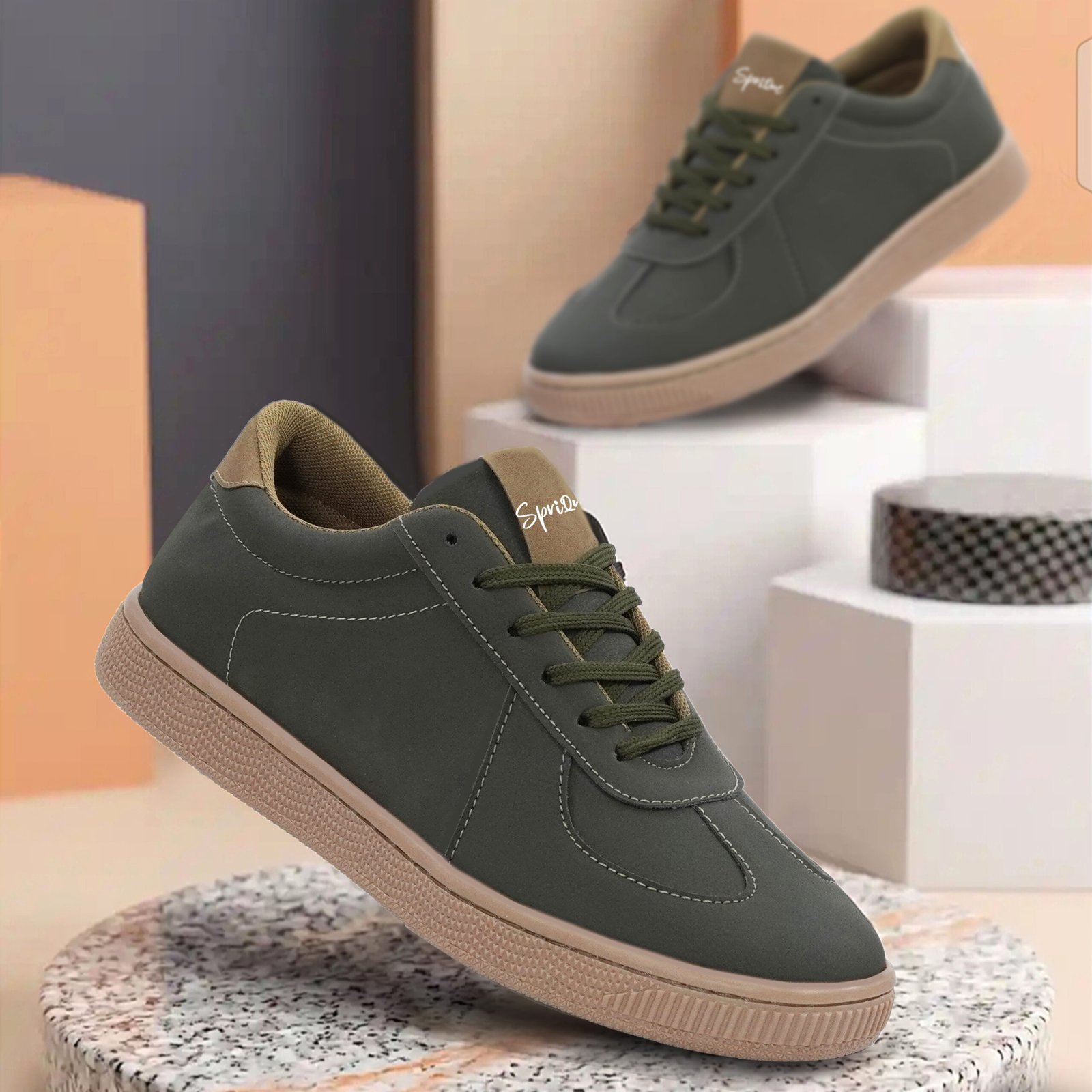 Men's Olive Green Casual Lace-Up Sneakers with Tan Sole - Image 1
