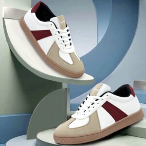 Sprique Men's White Beige and Maroon Casual Sneakers