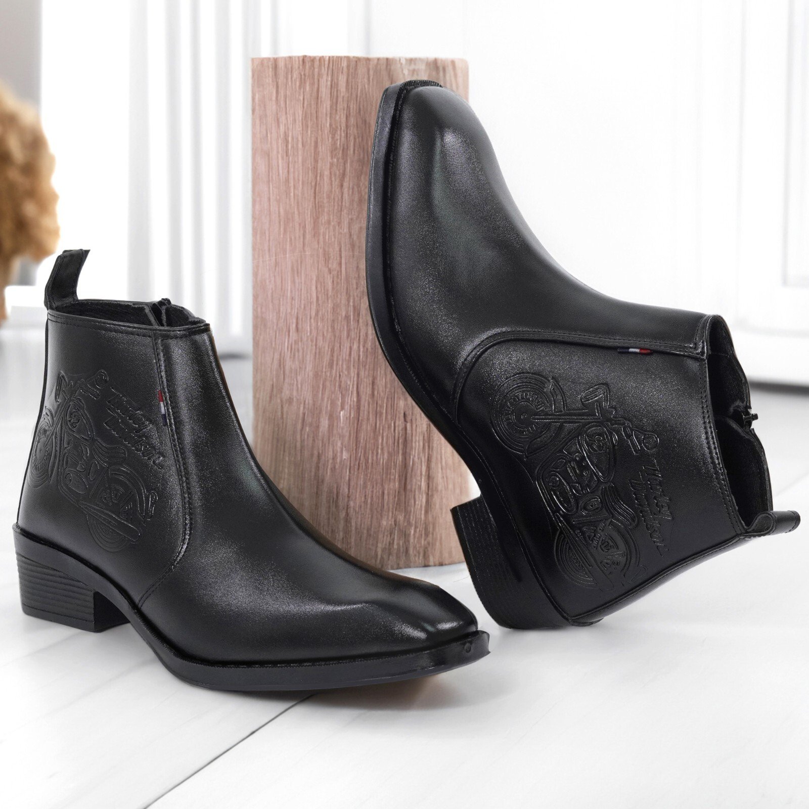 Men's Black Embossed Motorcycle Design Chelsea Boots - Image 1