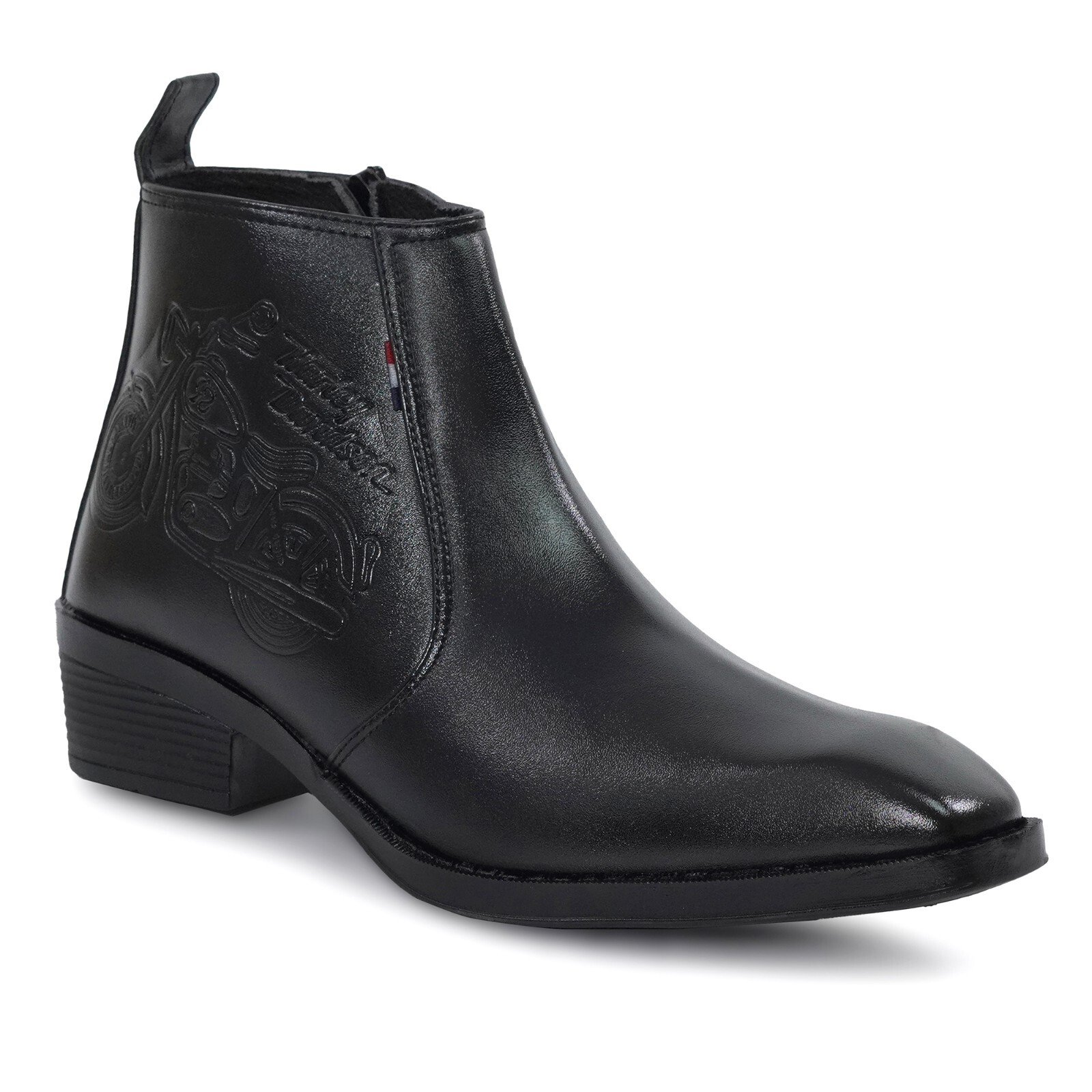Men's Black Embossed Motorcycle Design Chelsea Boots - Image 6