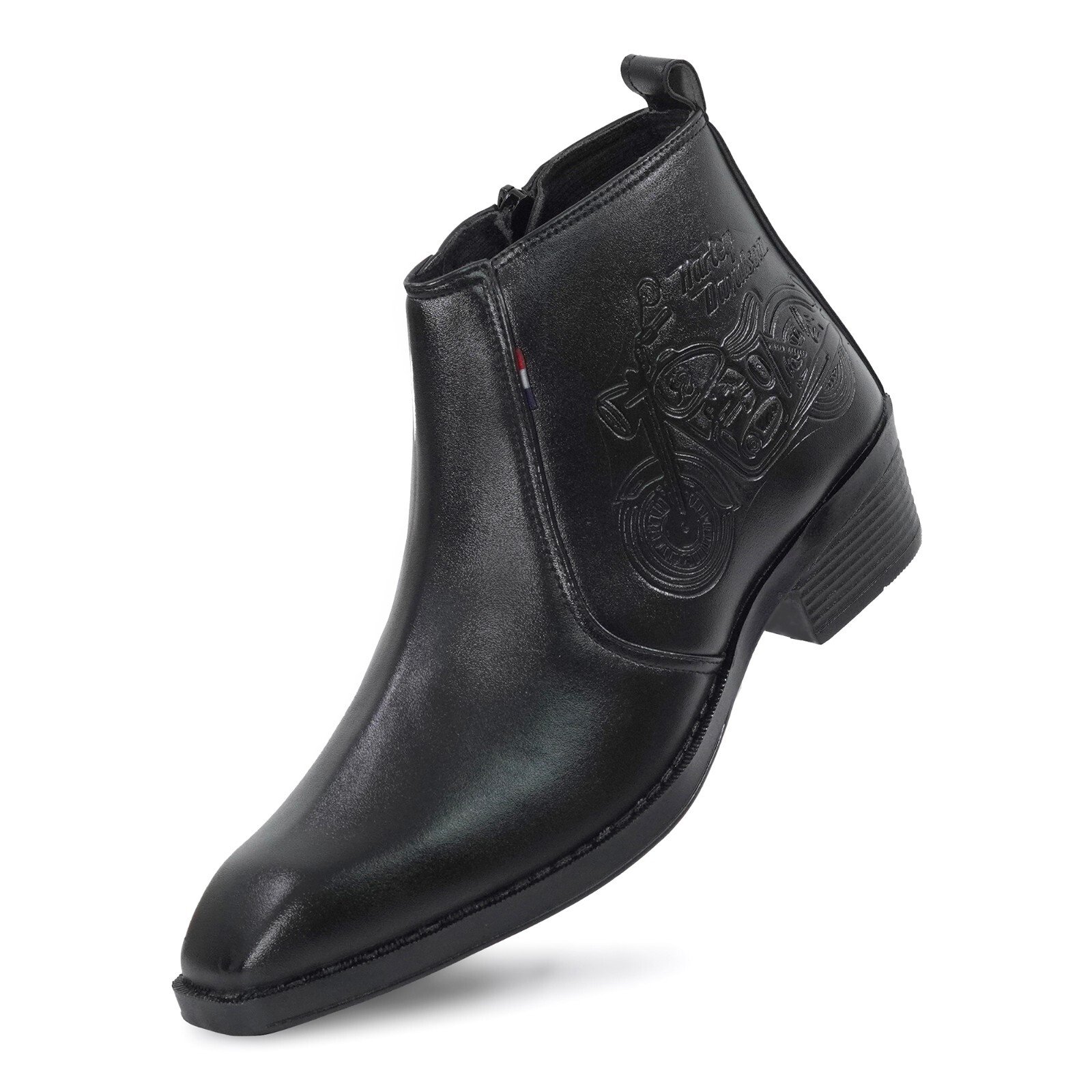 Men's Black Embossed Motorcycle Design Chelsea Boots - Image 2