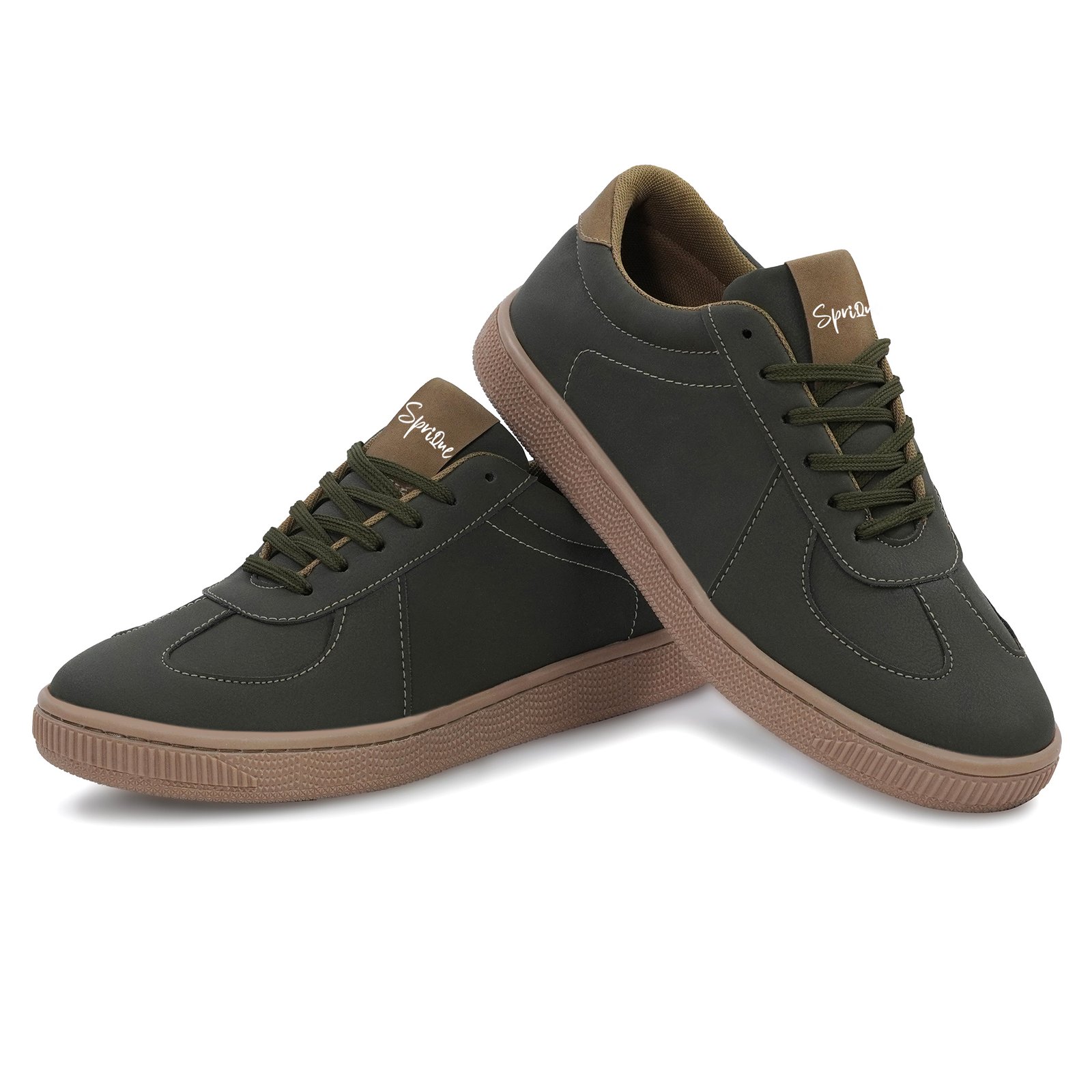 Men's Olive Green Casual Lace-Up Sneakers with Tan Sole - Image 5