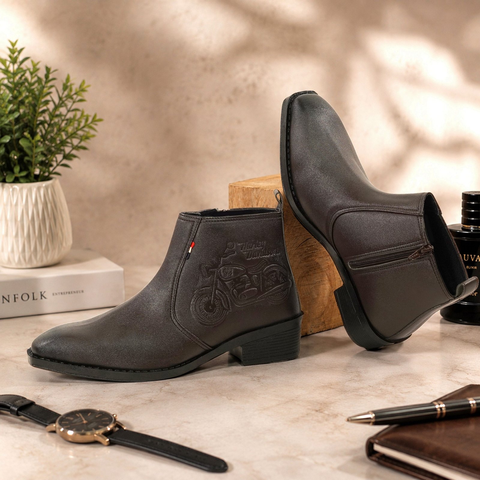 Men's Brown Embossed Motorcycle Design Chelsea Boots - Image 1