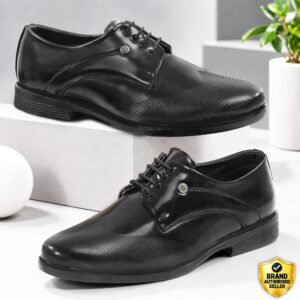 Men's Premium Glossy Black Formal Lace-Up Shoes with Textured Toe for Office & Party Wear