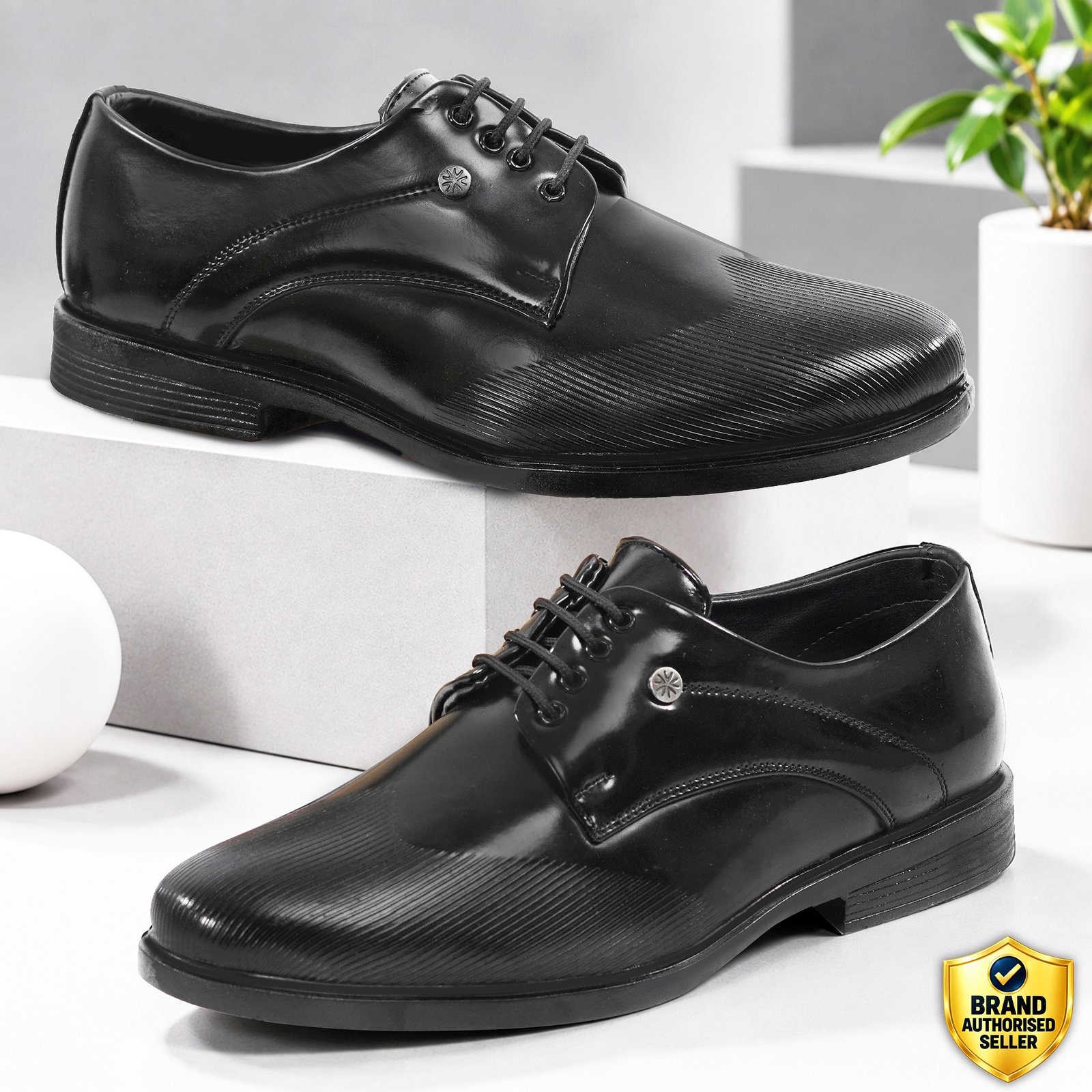 Men's Premium Glossy Black Formal Lace-Up Shoes with Textured Toe for Office & Party Wear - Image 1