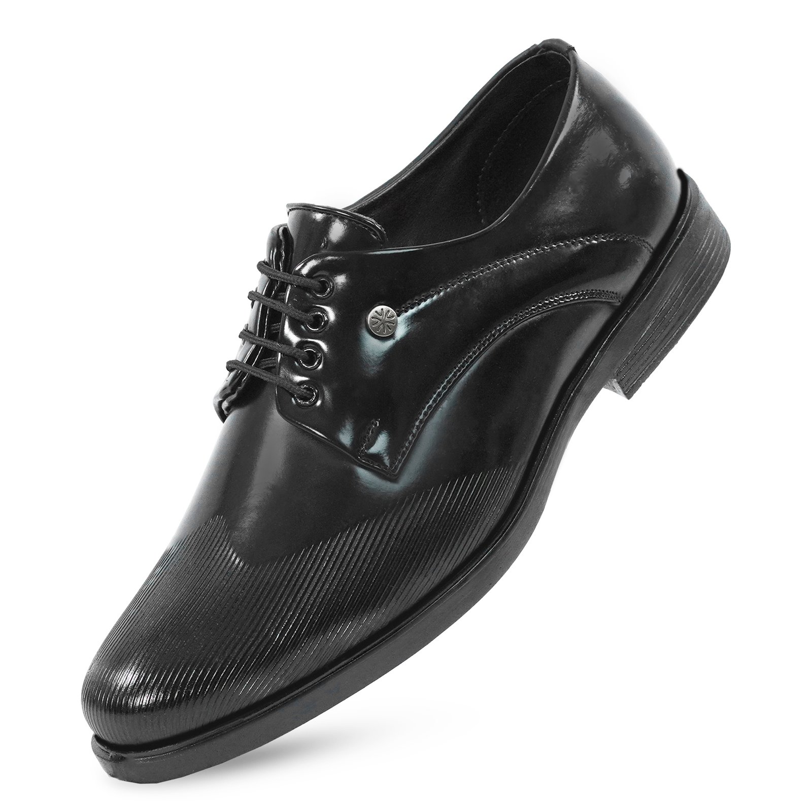 Men's Premium Glossy Black Formal Lace-Up Shoes with Textured Toe for Office & Party Wear - Image 3